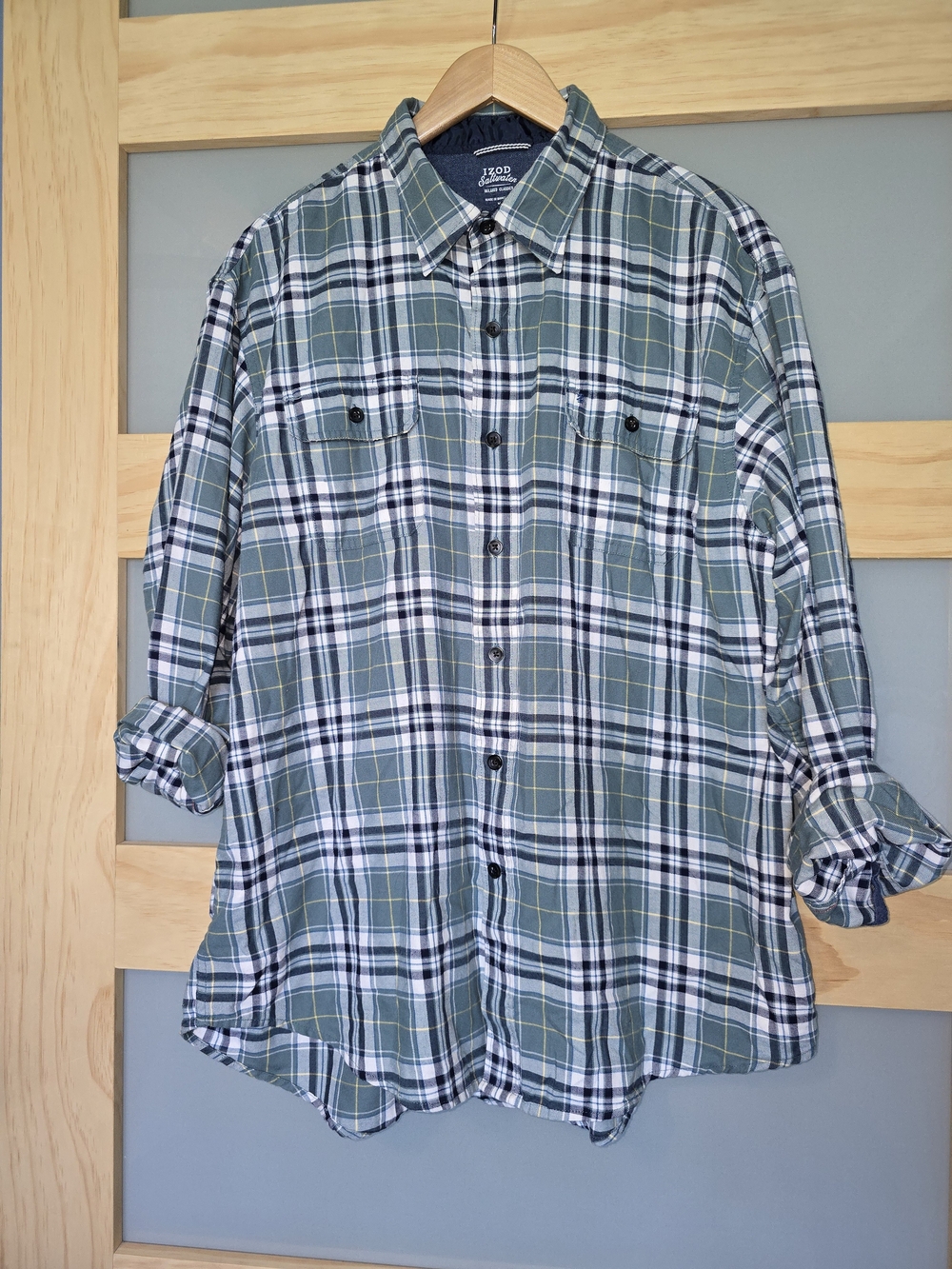 Izod Green and White Plaid Button-Down Shirt